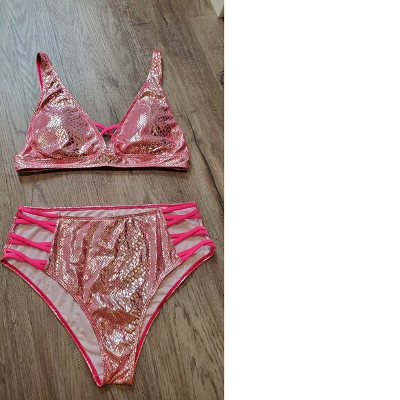 Shein Metallic Criss Cross Snake Print Bikini 1X - Picture 4 of 6